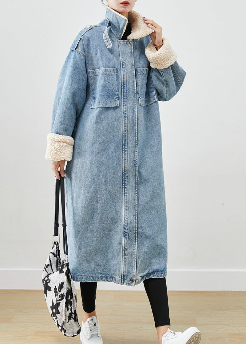 Elegante Blauwe Oversized Zakken Fleece Wol Gevoerde Denim Trenchcoat Herfst - Dames trenchcoats