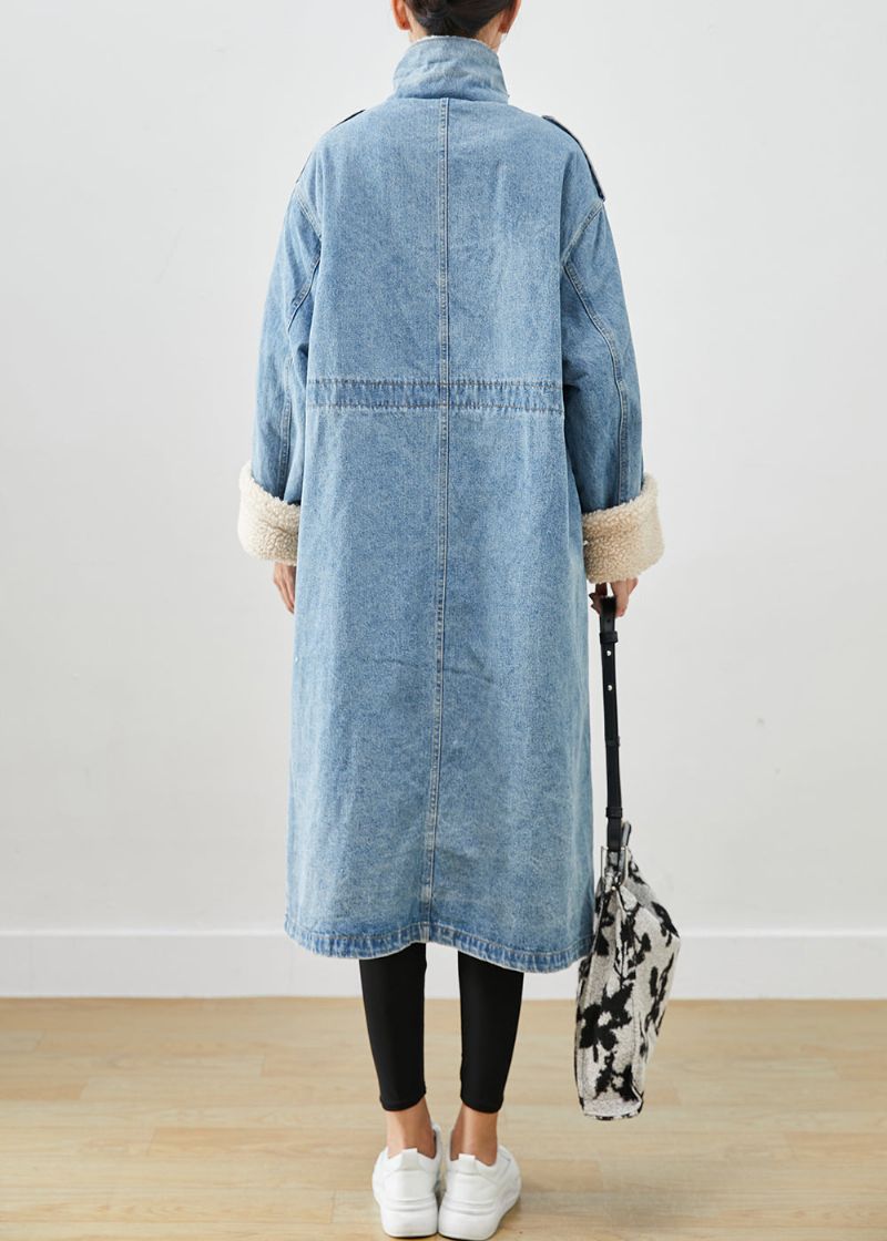 Elegante Blauwe Oversized Zakken Fleece Wol Gevoerde Denim Trenchcoat Herfst - Dames trenchcoats