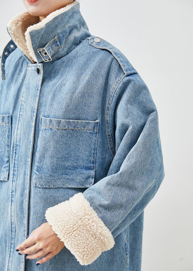 Elegante Blauwe Oversized Zakken Fleece Wol Gevoerde Denim Trenchcoat Herfst - Dames trenchcoats