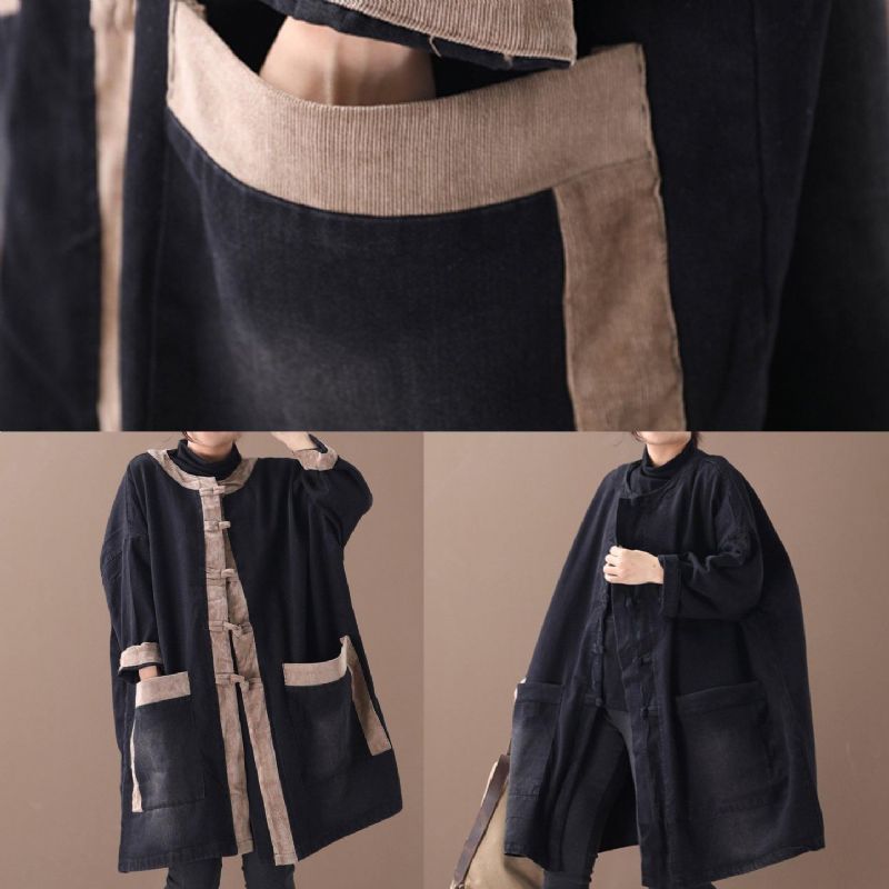 Elegante Chinese Button Fashion-kleding Met Capuchon Denim Zwart Patchwork Kaki Plus Size Kledingjassen - Zwart