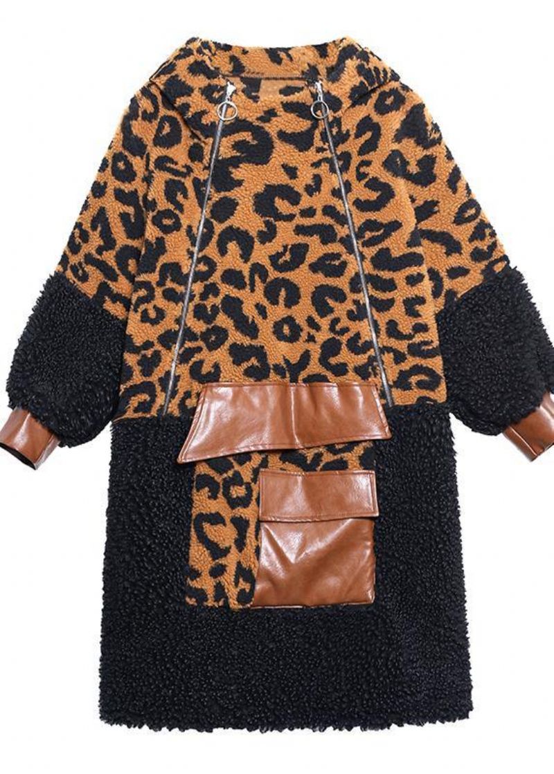 Elegante Chocoladekleurige Luipaardwollen Jas Dames Winterjas Met Capuchon En Ritssluiting - Dames trenchcoats