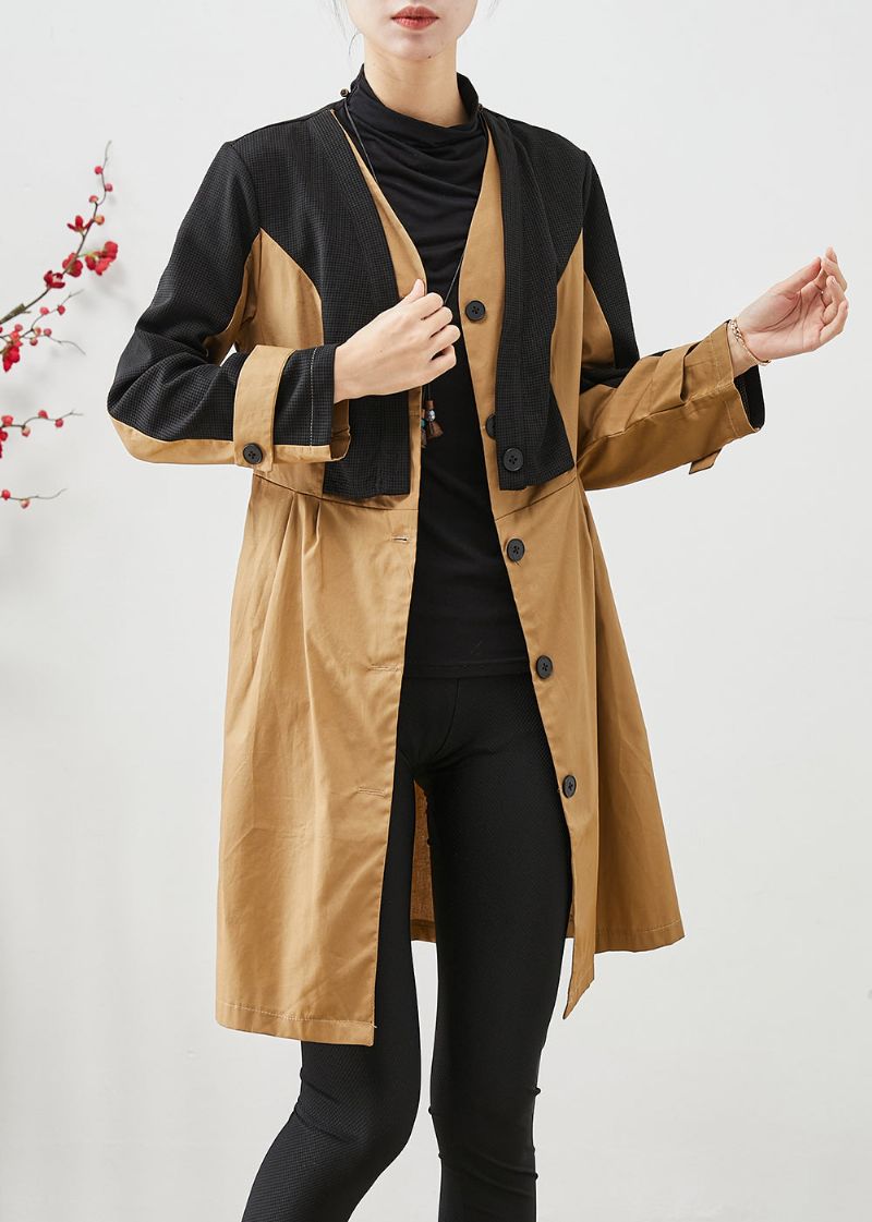 Elegante Colorblock Silm Fit Patchwork Katoenen Trenchcoat Herfst