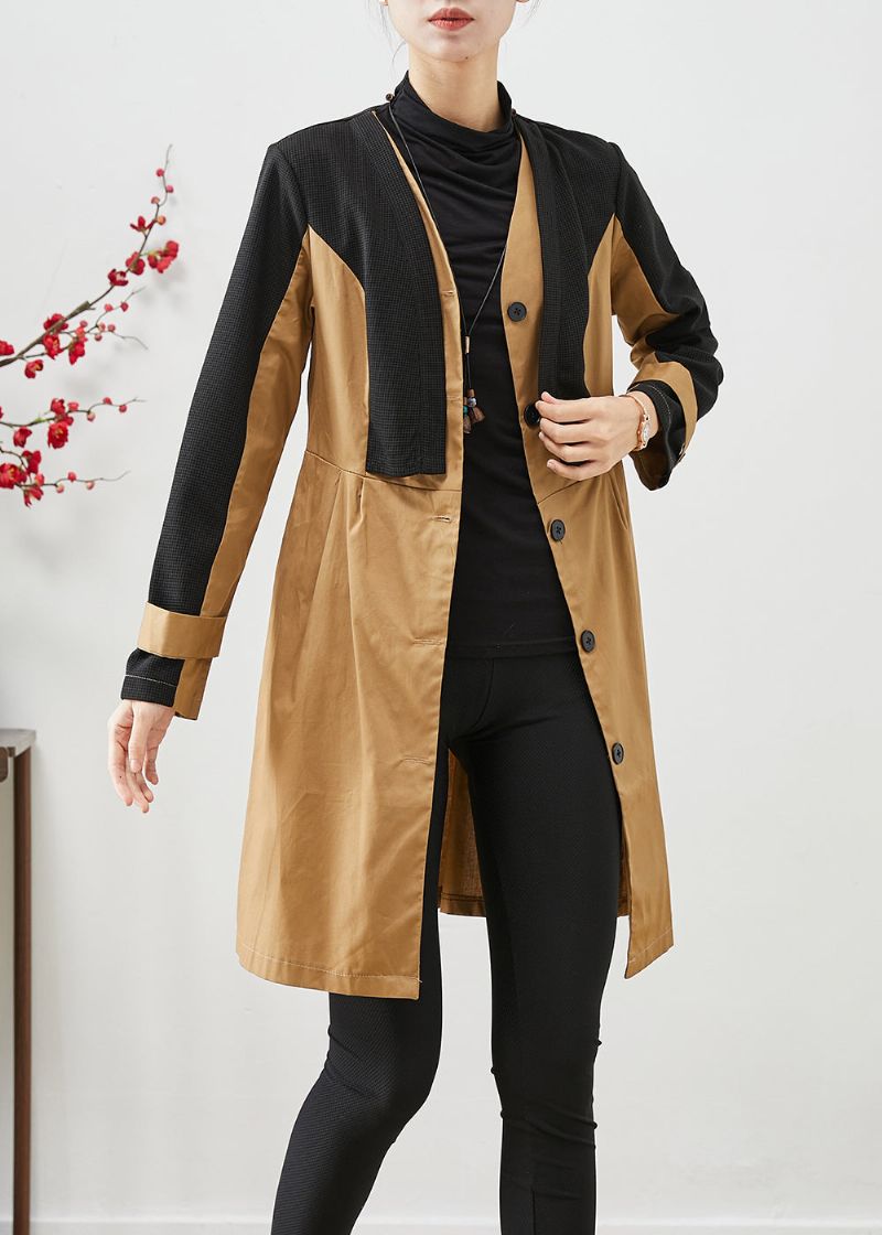 Elegante Colorblock Silm Fit Patchwork Katoenen Trenchcoat Herfst - Dames trenchcoats