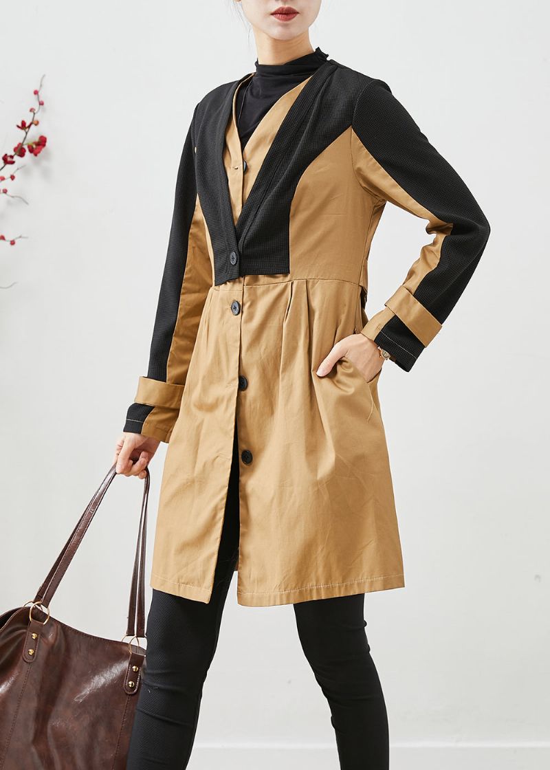 Elegante Colorblock Silm Fit Patchwork Katoenen Trenchcoat Herfst - Dames trenchcoats