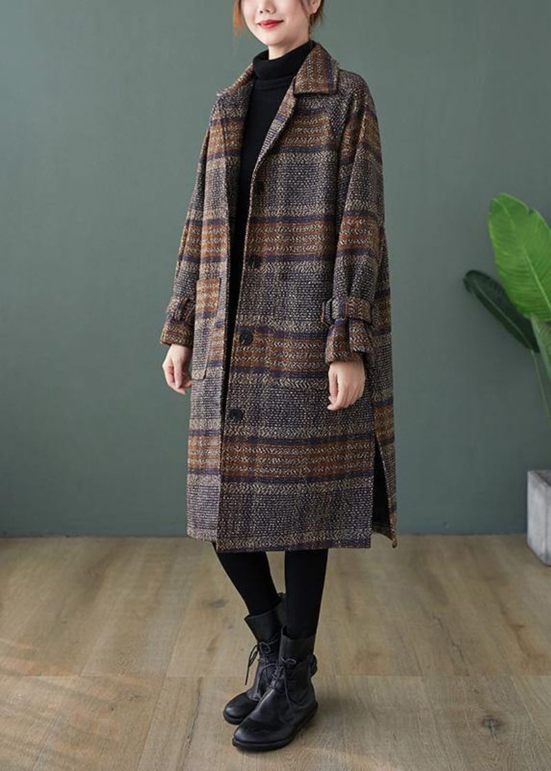 Elegante Geruite Fijne Maxi-jas Shape-revers Met Open Zijkanten - Dames trenchcoats