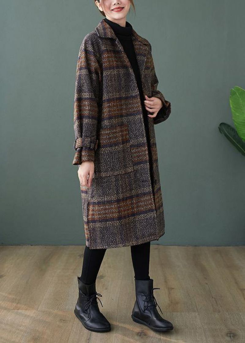 Elegante Geruite Fijne Maxi-jas Shape-revers Met Open Zijkanten - Dames trenchcoats