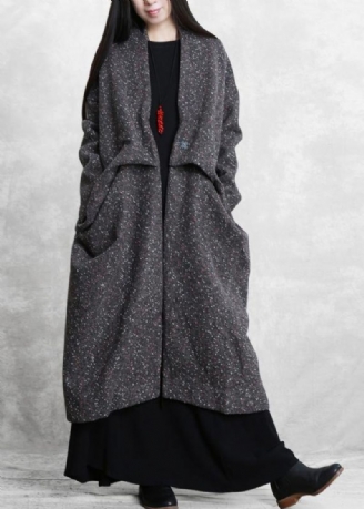 Elegante Grijze Wollen Uitloper Oversized Winterjas Met Open Zijkant