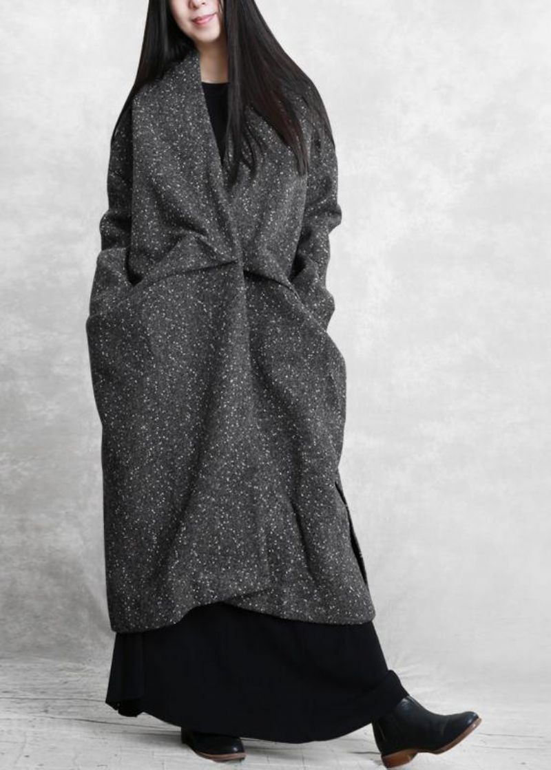 Elegante Grijze Wollen Uitloper Oversized Winterjas Met Open Zijkant - Dames trenchcoats