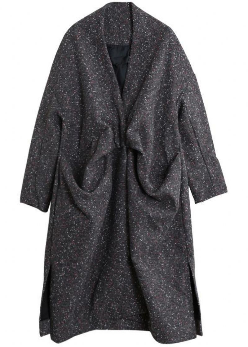 Elegante Grijze Wollen Uitloper Oversized Winterjas Met Open Zijkant - Dames trenchcoats