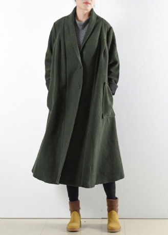 Elegante Groene Ingekeepte Knoopzakken Wollen Trenchcoats Met Lange Mouwen