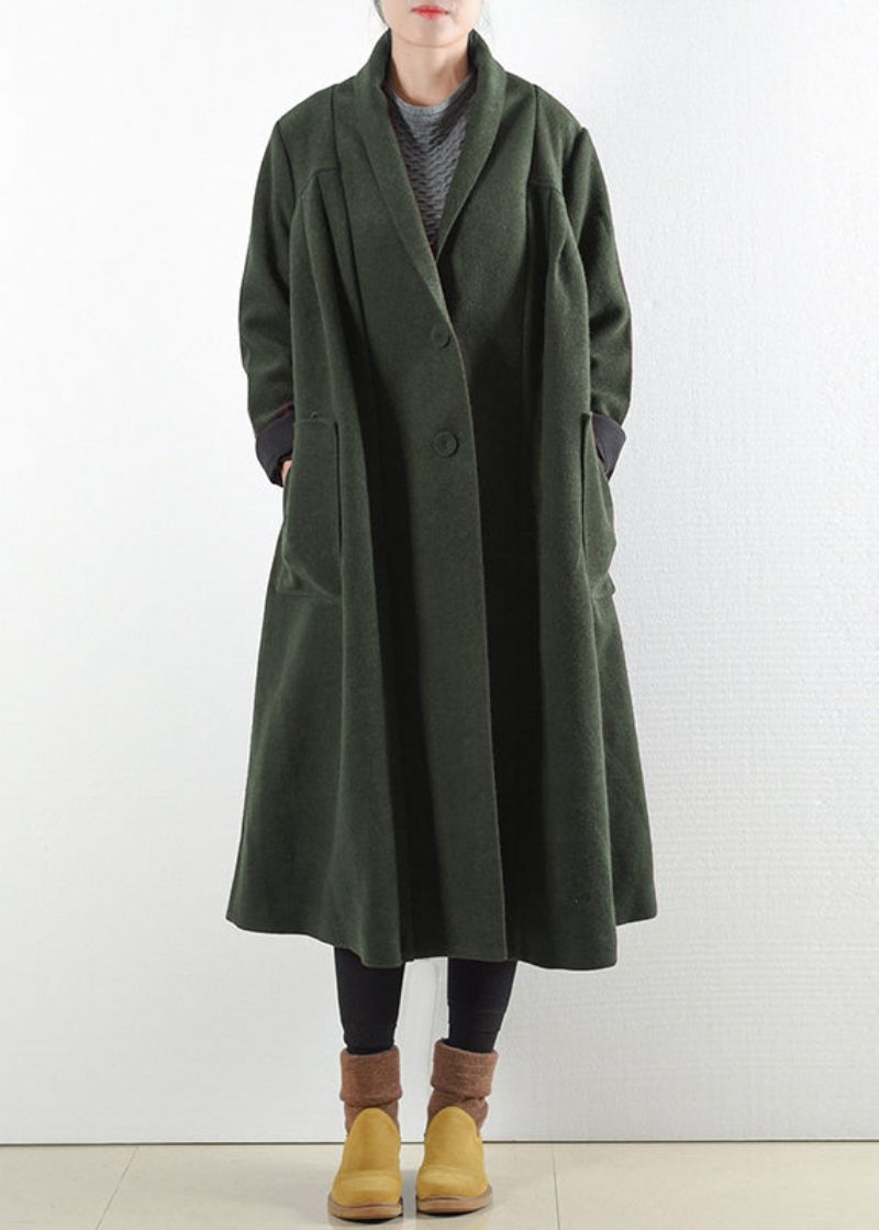 Elegante Groene Ingekeepte Knoopzakken Wollen Trenchcoats Met Lange Mouwen - Dames trenchcoats