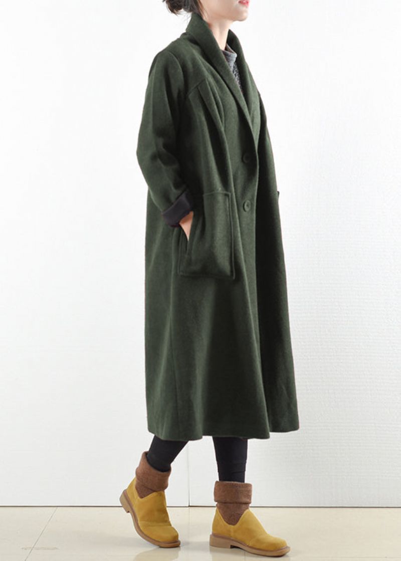 Elegante Groene Ingekeepte Knoopzakken Wollen Trenchcoats Met Lange Mouwen - Dames trenchcoats