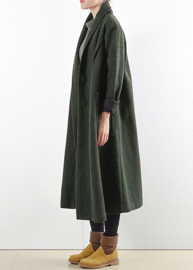 Elegante Groene Ingekeepte Knoopzakken Wollen Trenchcoats Met Lange Mouwen - Dames trenchcoats