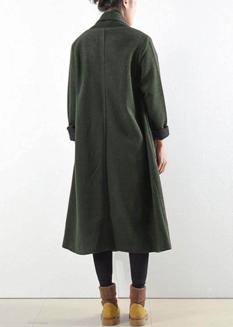 Elegante Groene Ingekeepte Knoopzakken Wollen Trenchcoats Met Lange Mouwen - Dames trenchcoats