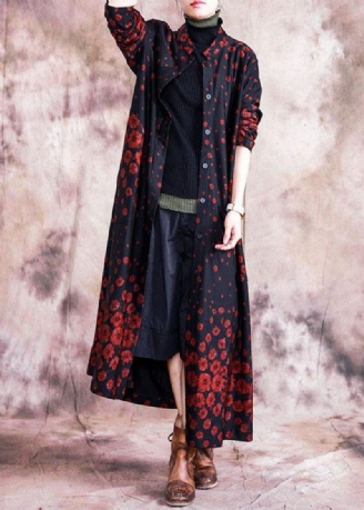 Elegante Jassen Met Rode Print Oversized Herfstkleding Jas Met Knopen En Zakken