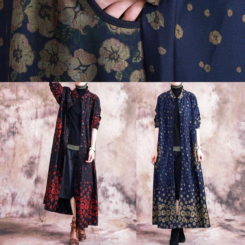 Elegante Jassen Met Rode Print Oversized Herfstkleding Jas Met Knopen En Zakken - Legergroen