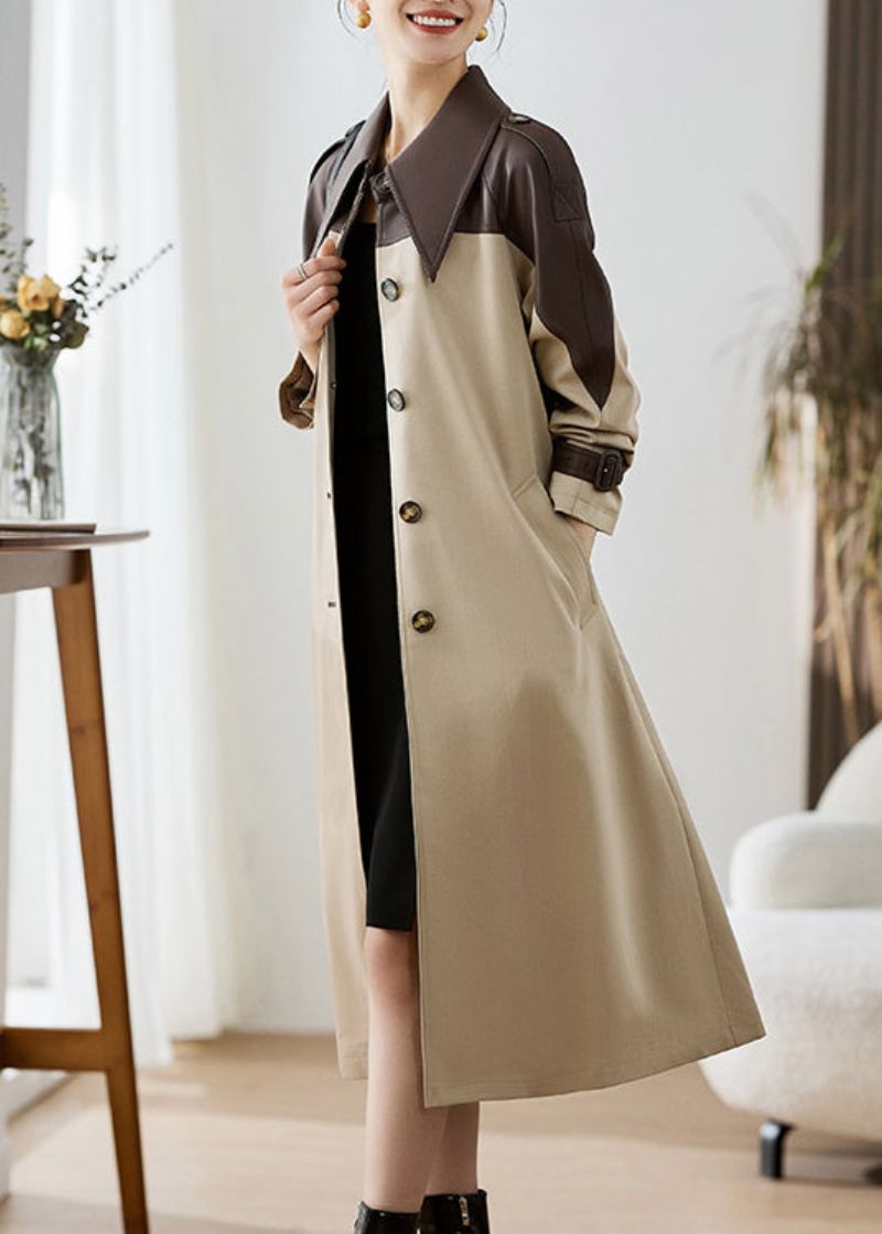 Elegante Kaki Peter Pan-kraag Zakken Patchwork Kunstleer Trenchcoat Herfst - Dames trenchcoats