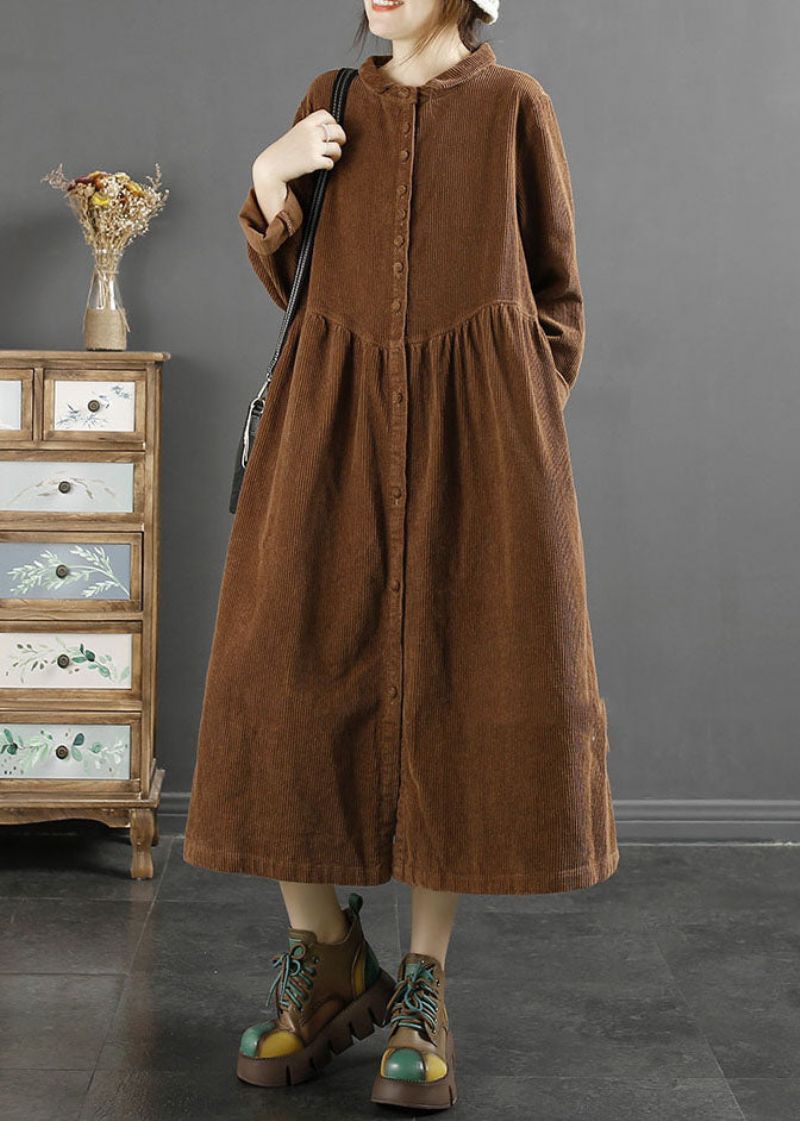 Elegante Koffie Vierkante Kraag Gerimpeld Patchwork Corduroy Lange Trenchcoats Met Mouwen - Chocolade