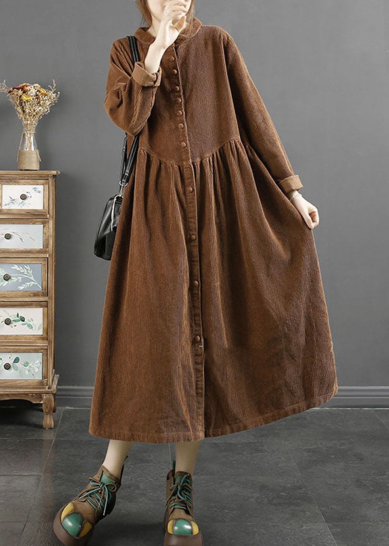 Elegante Koffie Vierkante Kraag Gerimpeld Patchwork Corduroy Lange Trenchcoats Met Mouwen - Chocolade