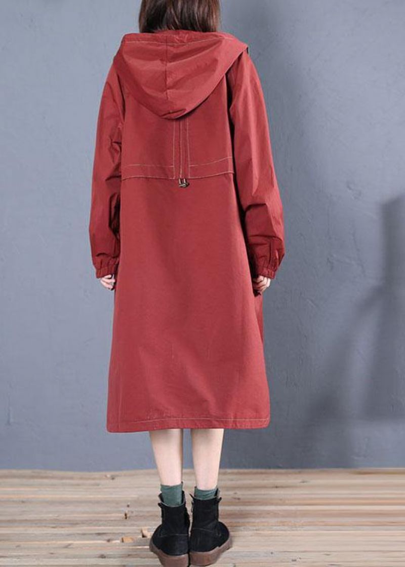 Elegante Loszittende Lange Jassen Herfstjas Rode Zijkant Open Jas Met Capuchon Dames - Dames trenchcoats