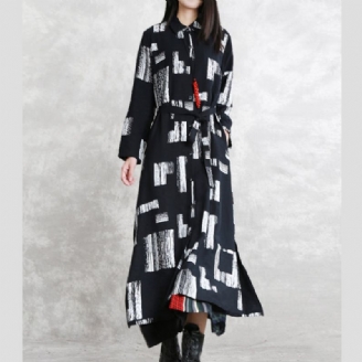 Elegante Maxi-jas Met Zwarte Print Oversized Omgeslagen Kraag Lange Jas Met Strikband Vintage Jassen Zakken Met Mouwen