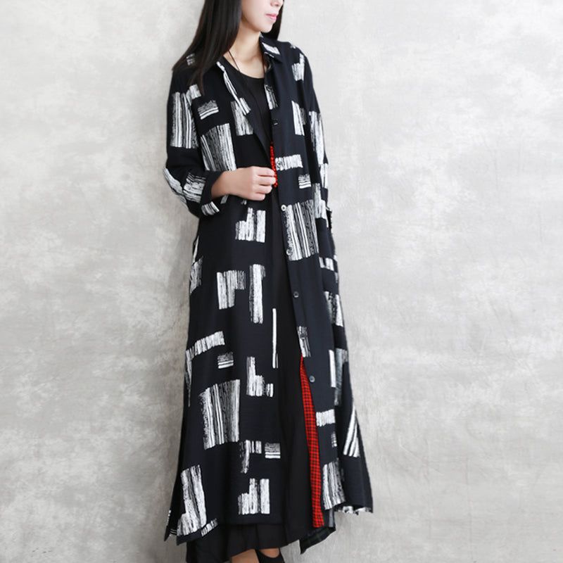 Elegante Maxi-jas Met Zwarte Print Oversized Omgeslagen Kraag Lange Jas Met Strikband Vintage Jassen Zakken Met Mouwen - Dames trenchcoats