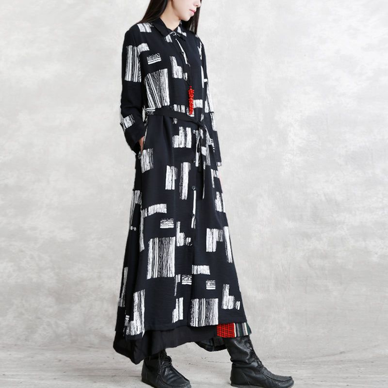 Elegante Maxi-jas Met Zwarte Print Oversized Omgeslagen Kraag Lange Jas Met Strikband Vintage Jassen Zakken Met Mouwen - Dames trenchcoats