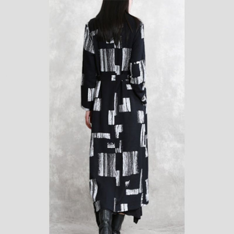 Elegante Maxi-jas Met Zwarte Print Oversized Omgeslagen Kraag Lange Jas Met Strikband Vintage Jassen Zakken Met Mouwen - Dames trenchcoats