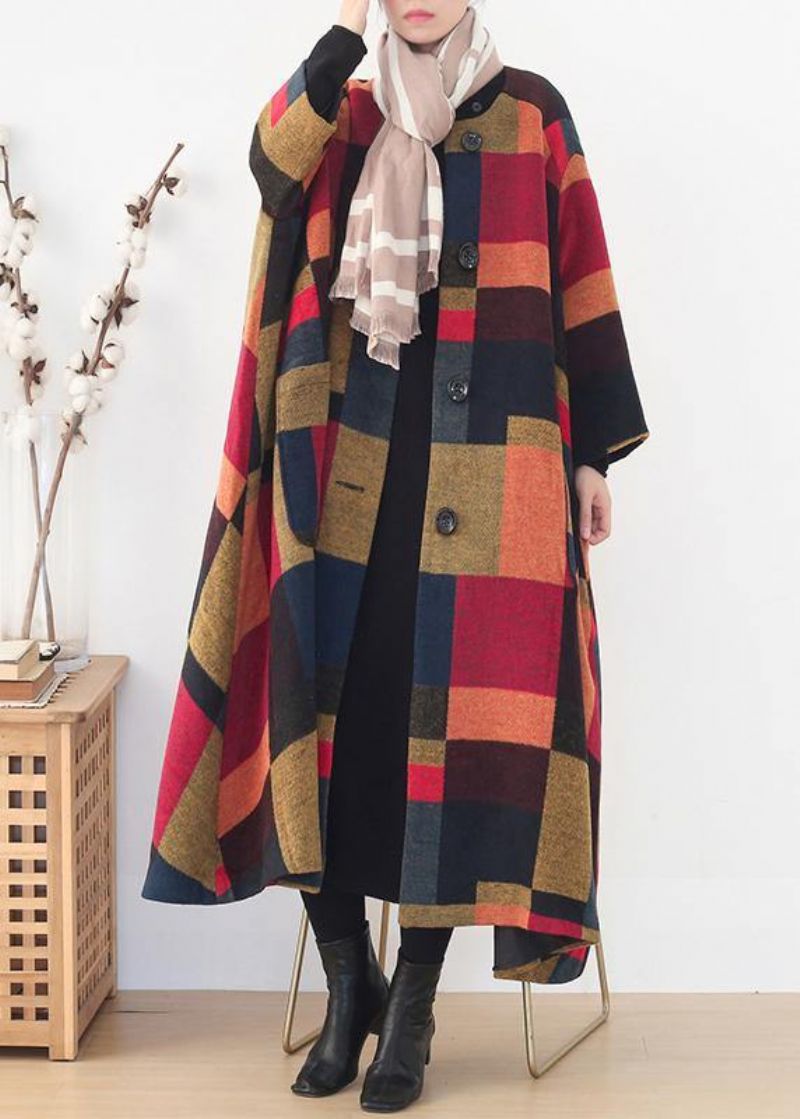 Elegante Oversized Lange Jassen Wilde Uitloper Geel Geruite Winterwollen Overjas