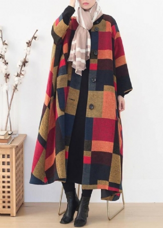 Elegante Oversized Lange Jassen Wilde Uitloper Geel Geruite Winterwollen Overjas