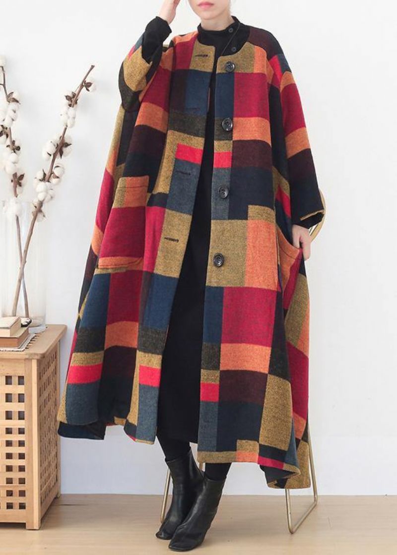 Elegante Oversized Lange Jassen Wilde Uitloper Geel Geruite Winterwollen Overjas - Zwart