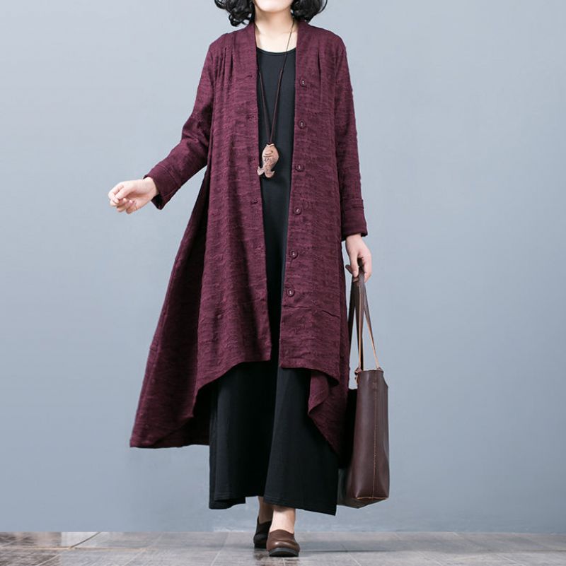 Elegante Paarse Jacquard Maxi-jas Trendy Grote Maten Wijde Trenchcoat Met Asymmetrisch Ontwerp En Fijne Patchwork-jas Met Zoom - Dames trenchcoats