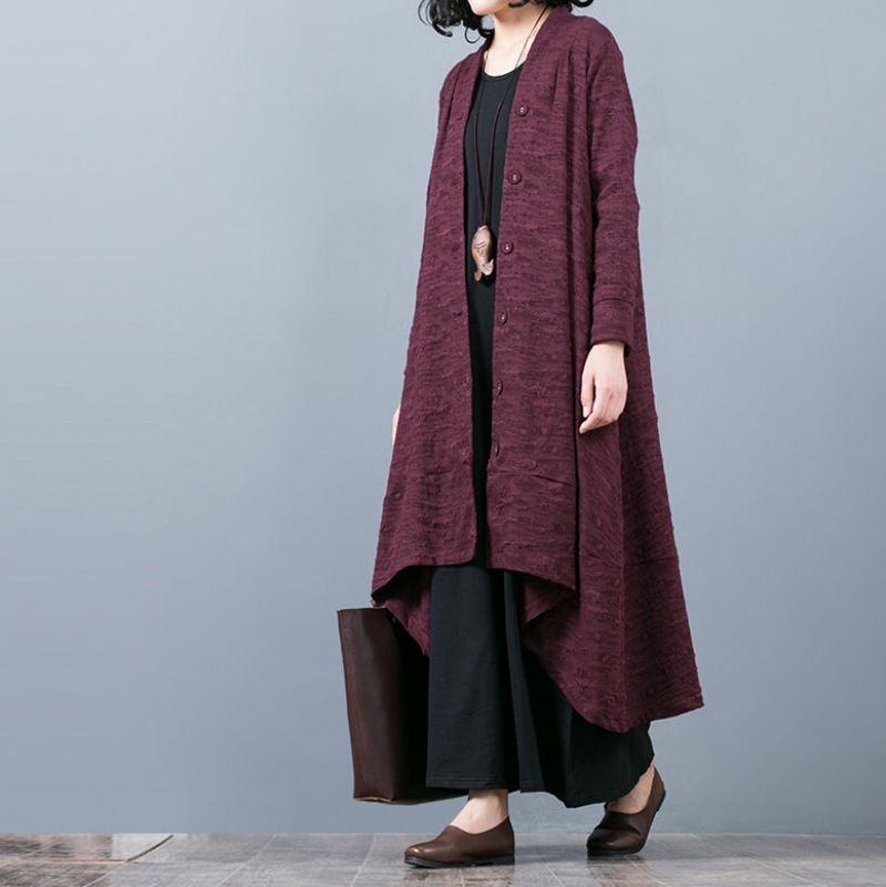 Elegante Paarse Jacquard Maxi-jas Trendy Grote Maten Wijde Trenchcoat Met Asymmetrisch Ontwerp En Fijne Patchwork-jas Met Zoom - Dames trenchcoats