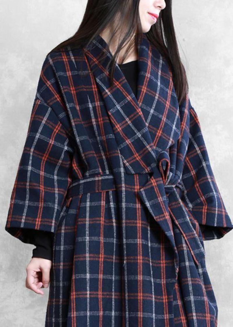 Elegante Plus Size Jassen Met Blauwe Ruitjes Wollen Jas Met Ingekerfde Taille En Voor Dames - Dames trenchcoats