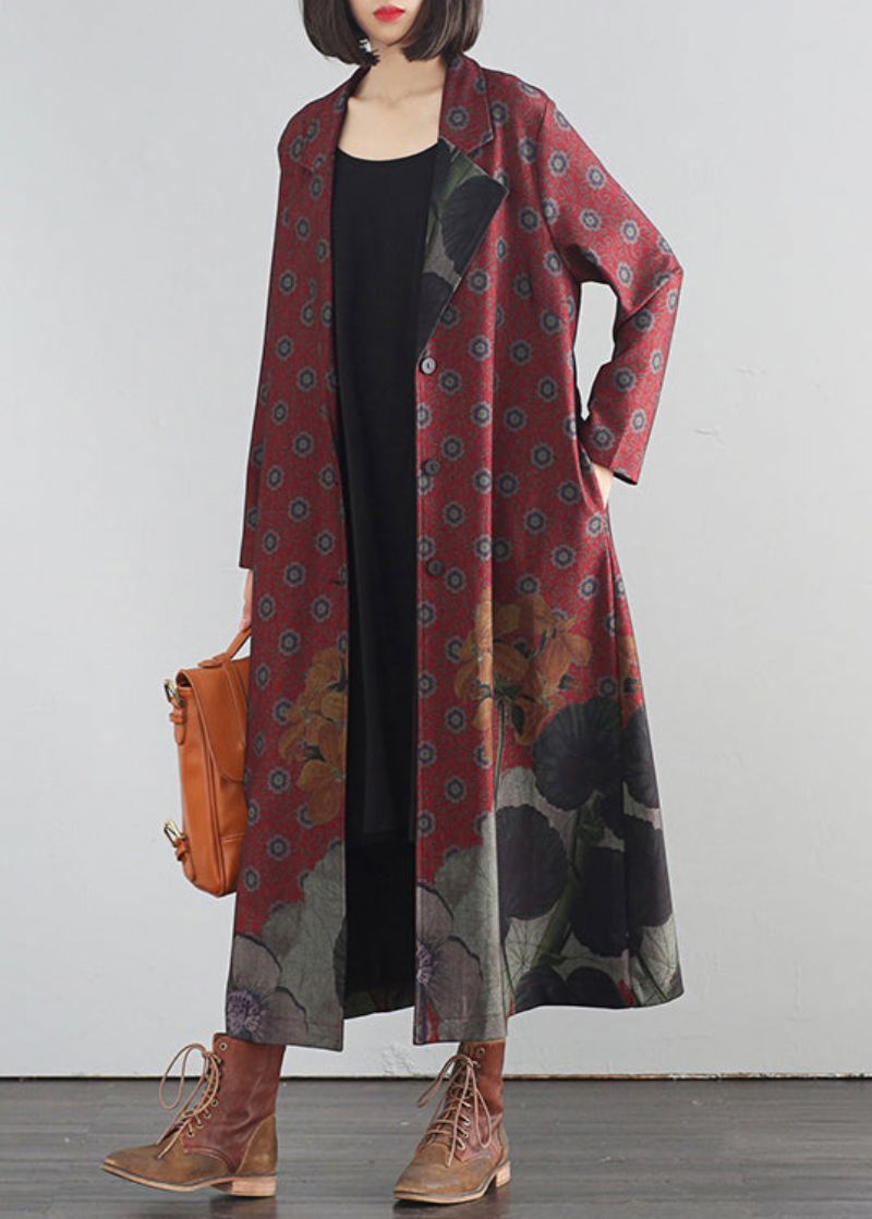 Elegante Rode Maxi-trenchcoats Met V-hals En Knoopprint Herfst - Rood