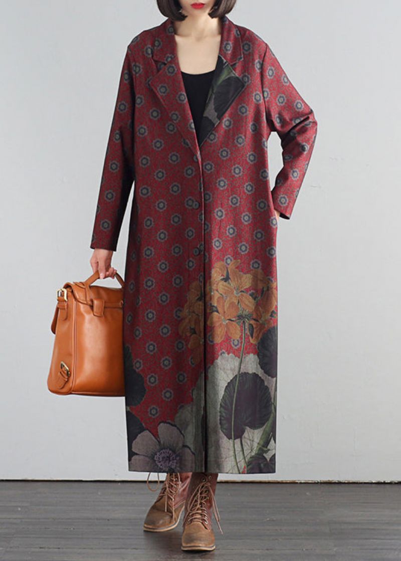 Elegante Rode Maxi-trenchcoats Met V-hals En Knoopprint Herfst - Rood