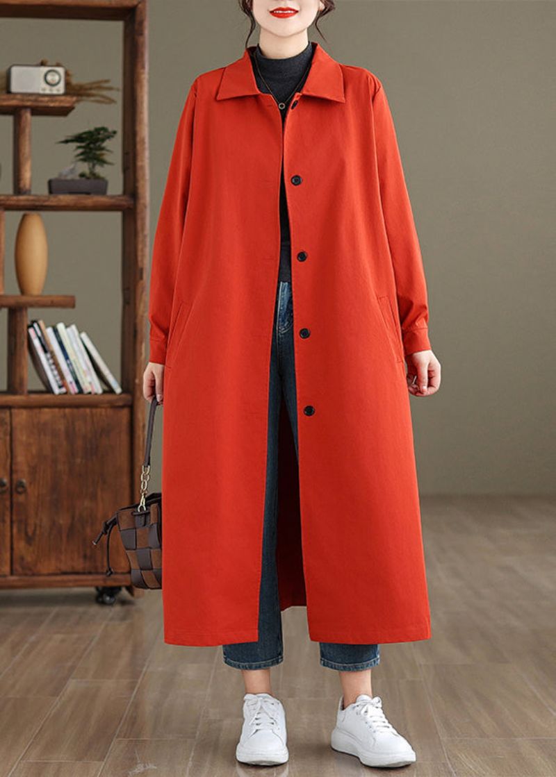 Elegante Rode Peter Pan Kraag Knoop Katoenen Trenchcoat Lente - Dames trenchcoats