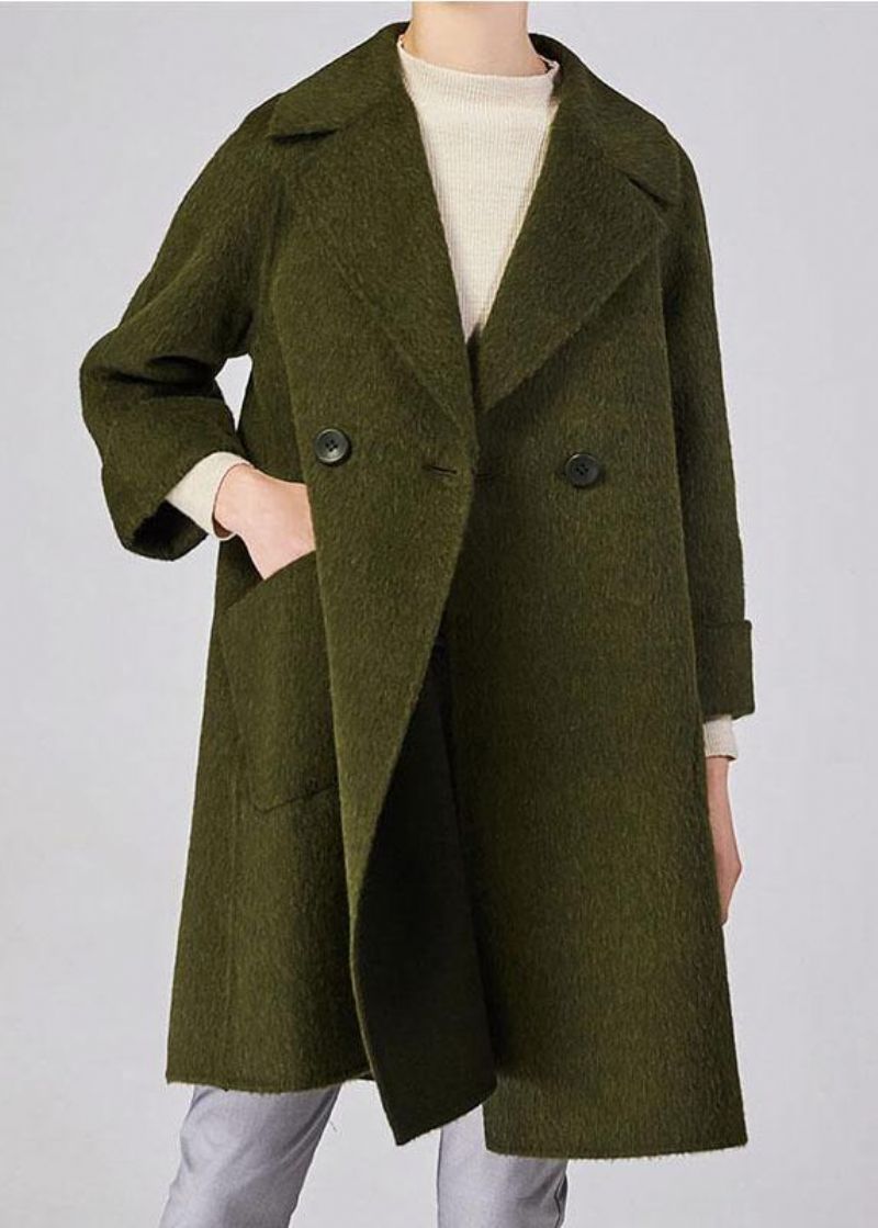 Elegante Trendy Halflange Jassen In Grotere Maten Met Dubbele Rij Knopen Beige Wollen Met Grote Zakken - Dames trenchcoats