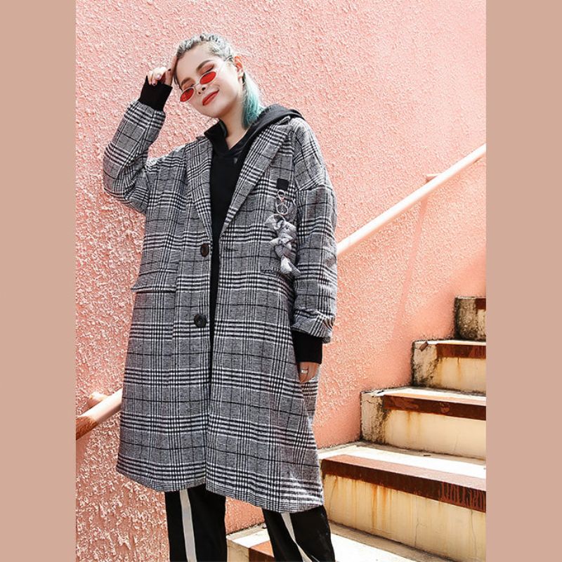 Elegante Zwarte Geruite Maxi-jas Casual Lange Jas Met Inkepingen. Modieuze Wijde Jas Met Ritssluiting - Dames trenchcoats