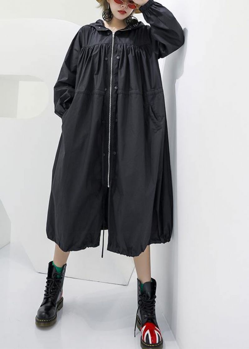 Elegante Zwarte Oversized Maxi-jas Zakken Met Capuchon Jas Met Ritssluiting - Dames trenchcoats