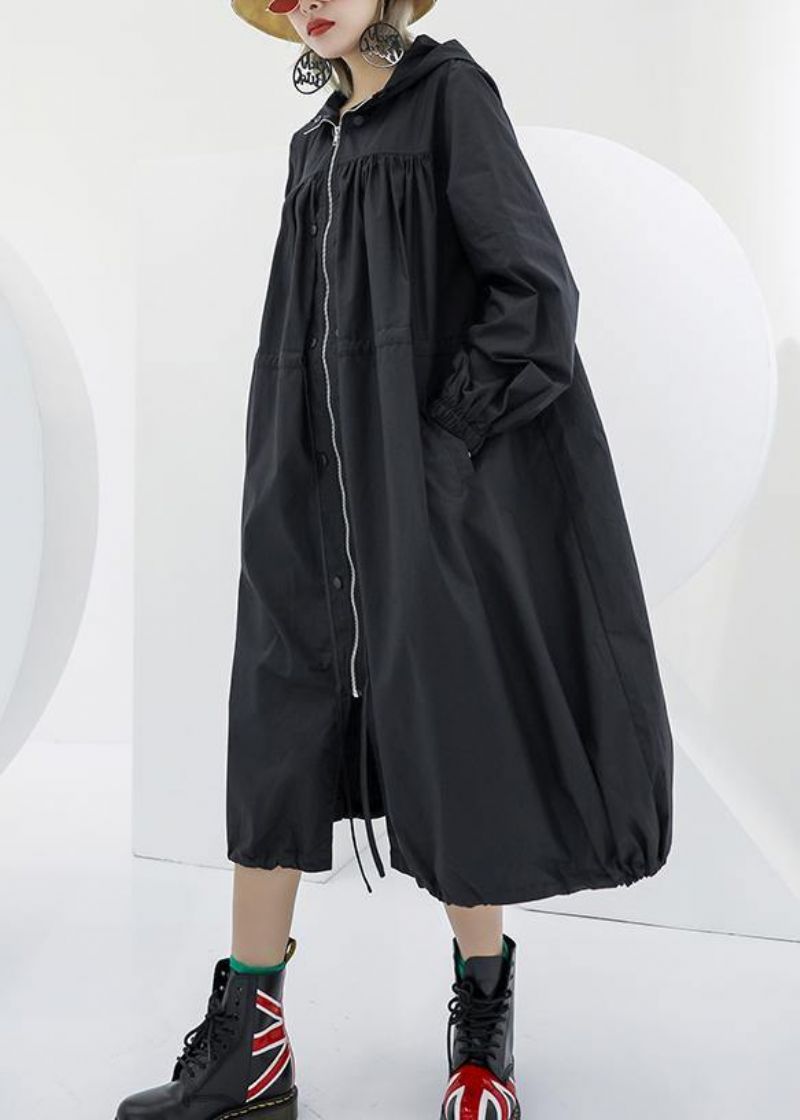 Elegante Zwarte Oversized Maxi-jas Zakken Met Capuchon Jas Met Ritssluiting - Dames trenchcoats