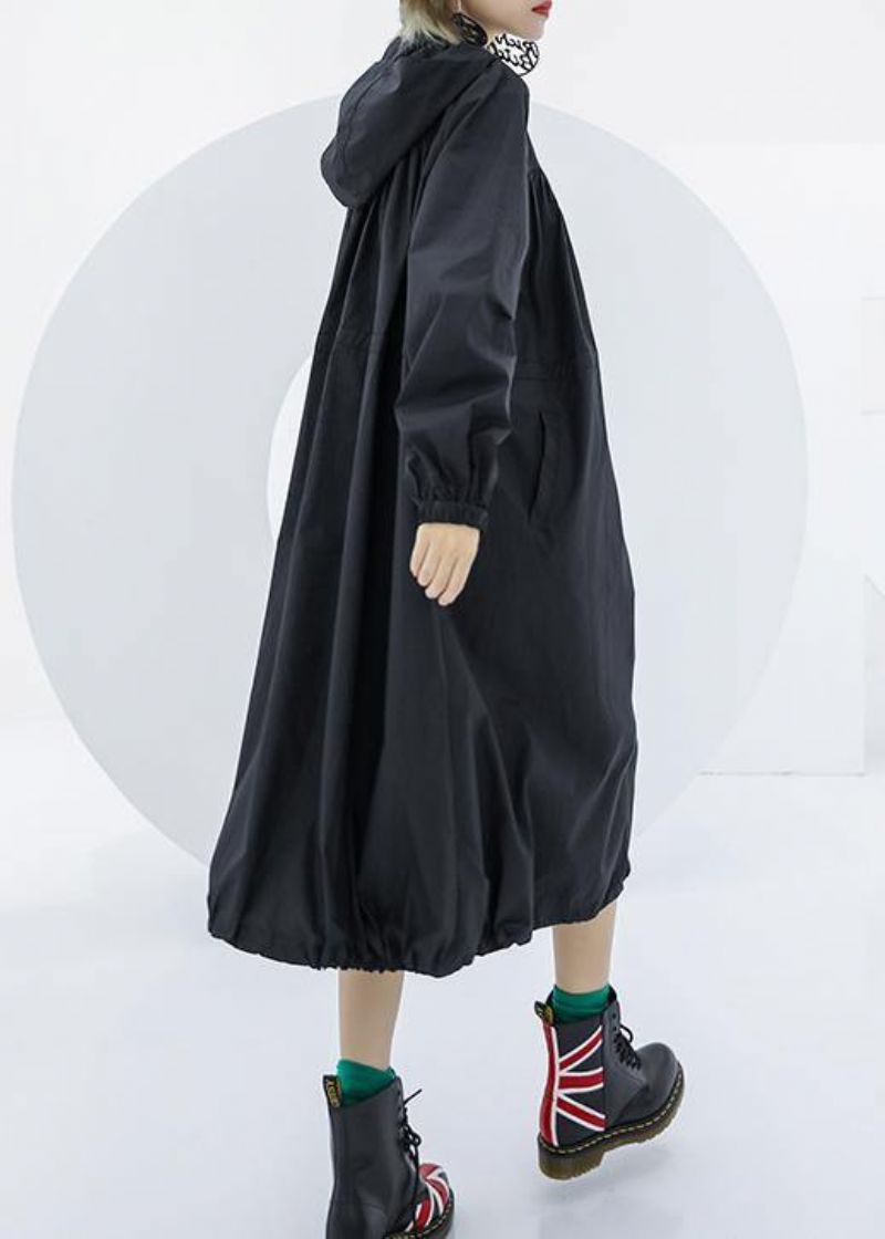 Elegante Zwarte Oversized Maxi-jas Zakken Met Capuchon Jas Met Ritssluiting - Dames trenchcoats