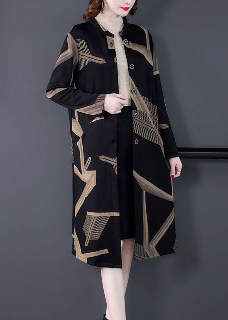 Elegante Zwarte Oversized Printjas Met Opstaande Kraag En Lange Mouwen - Dames trenchcoats