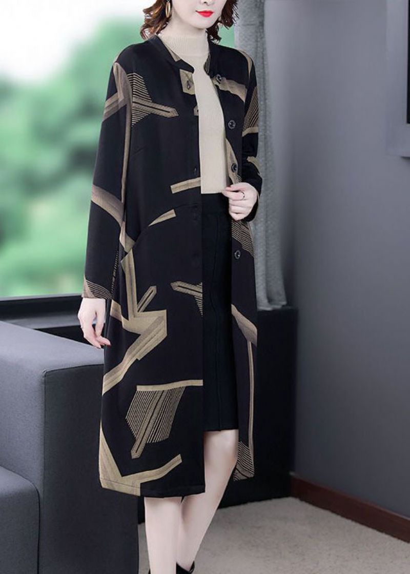 Elegante Zwarte Oversized Printjas Met Opstaande Kraag En Lange Mouwen - Dames trenchcoats