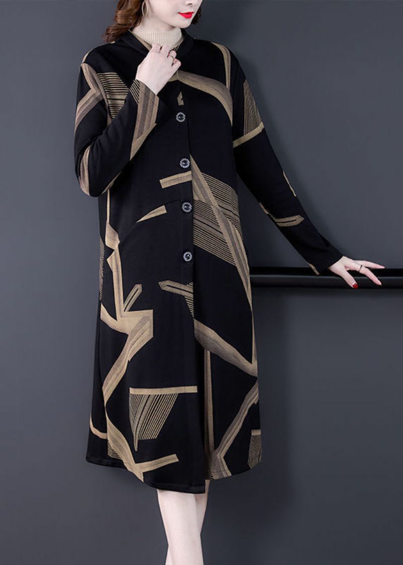 Elegante Zwarte Oversized Printjas Met Opstaande Kraag En Lange Mouwen - Dames trenchcoats