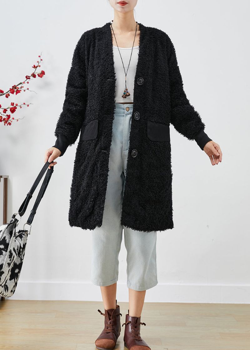 Elegante Zwarte Oversized Teddyjas Met Patchwork En Nepbont Herfst