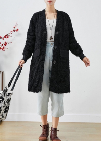 Elegante Zwarte Oversized Teddyjas Met Patchwork En Nepbont Herfst