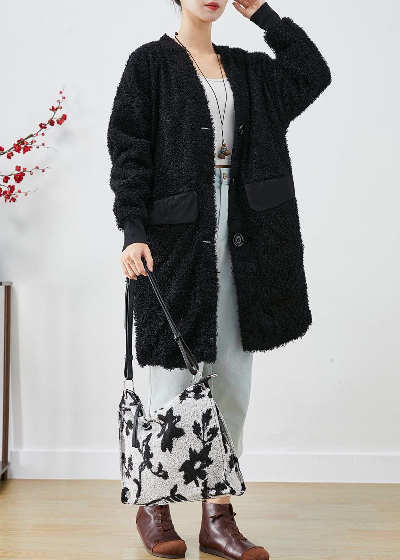 Elegante Zwarte Oversized Teddyjas Met Patchwork En Nepbont Herfst - Dames trenchcoats