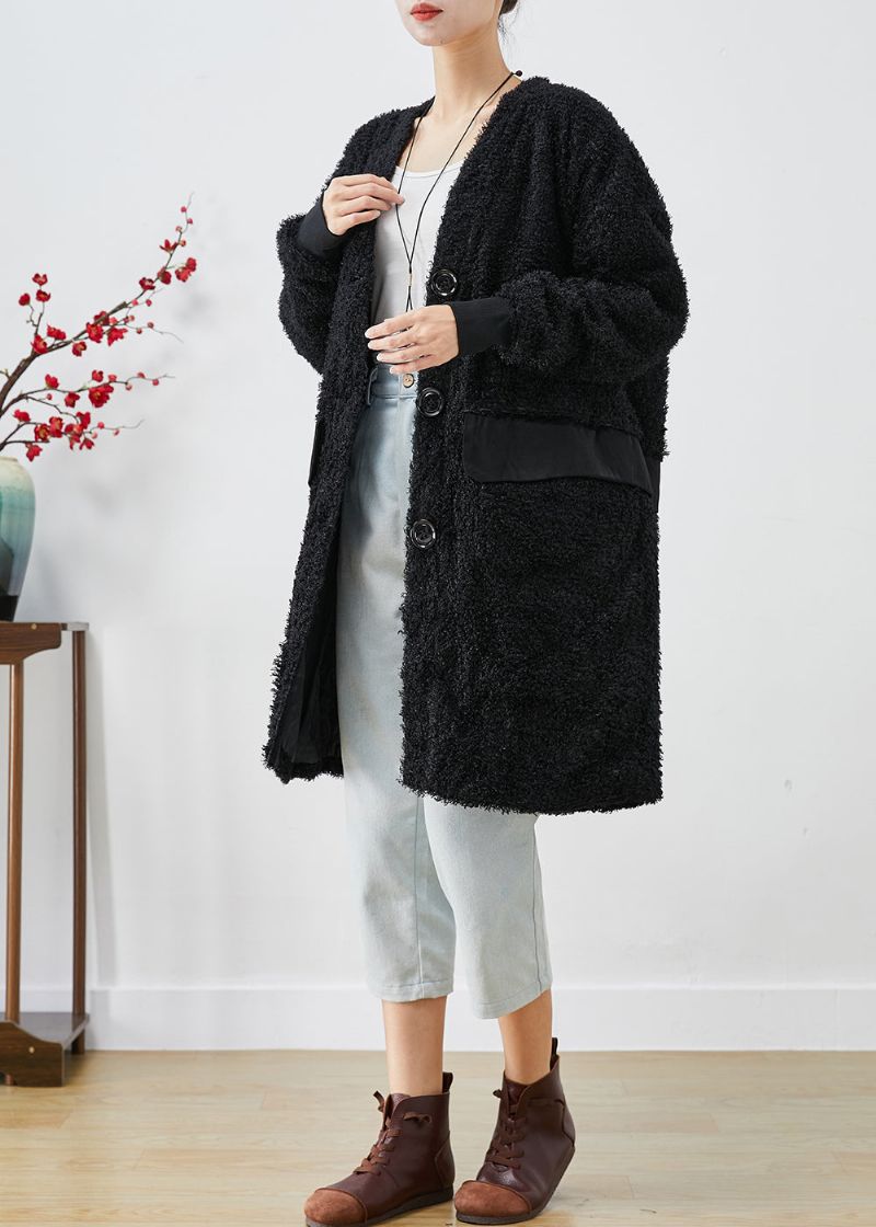 Elegante Zwarte Oversized Teddyjas Met Patchwork En Nepbont Herfst - Dames trenchcoats