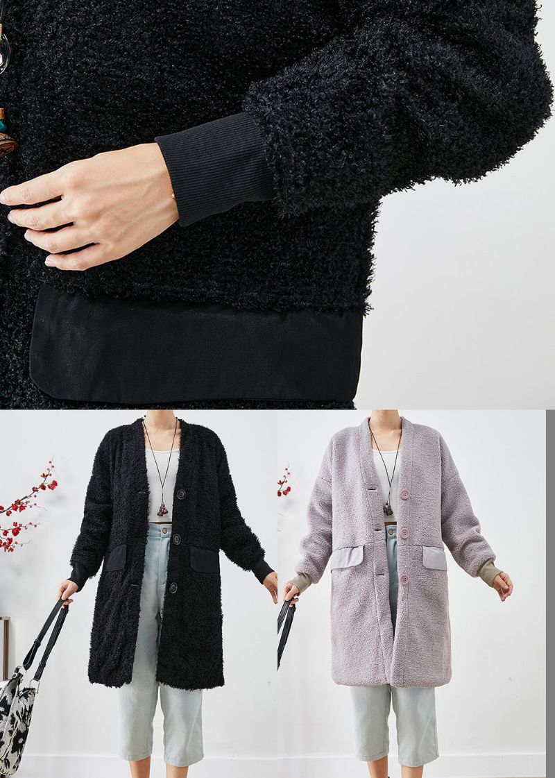 Elegante Zwarte Oversized Teddyjas Met Patchwork En Nepbont Herfst - Dames trenchcoats